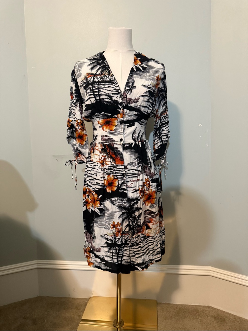 Maje Hawaiian Tropical Floral Button-Front Dress in Black, White & Orange Sz 1